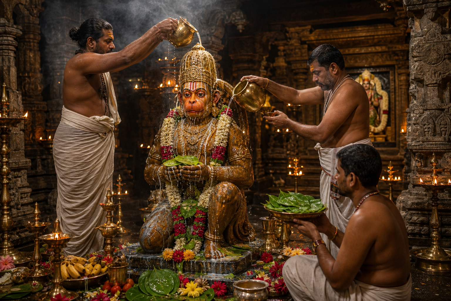 Priests performing Hanuman Akupuja and Abhishekam in a temple
