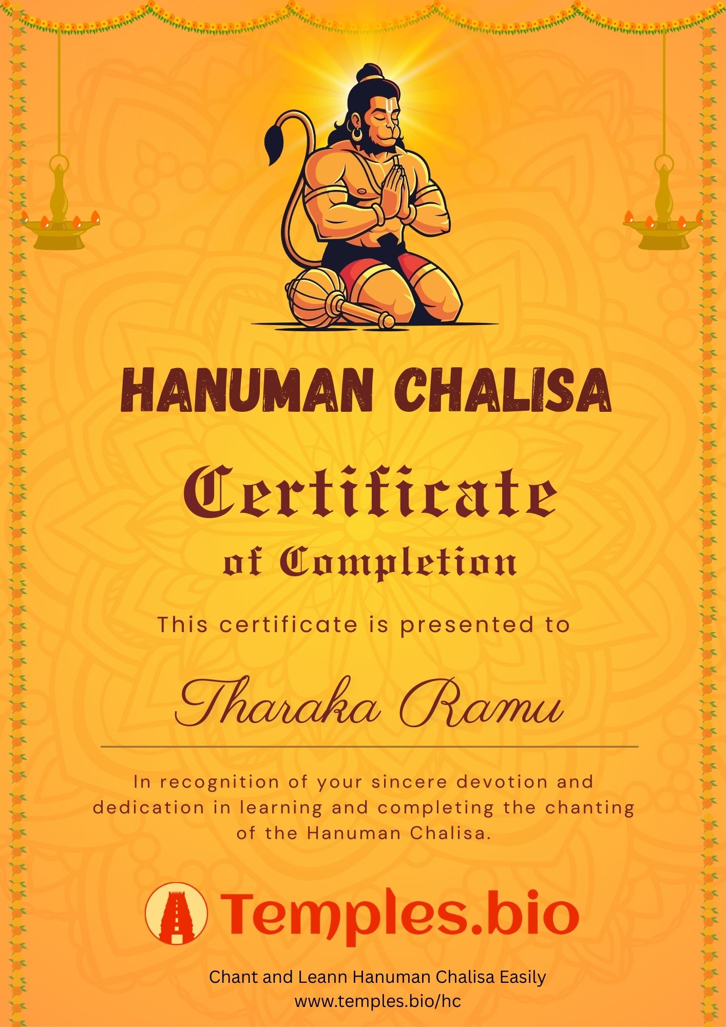 Hanuman Chalisa completion certificate sample